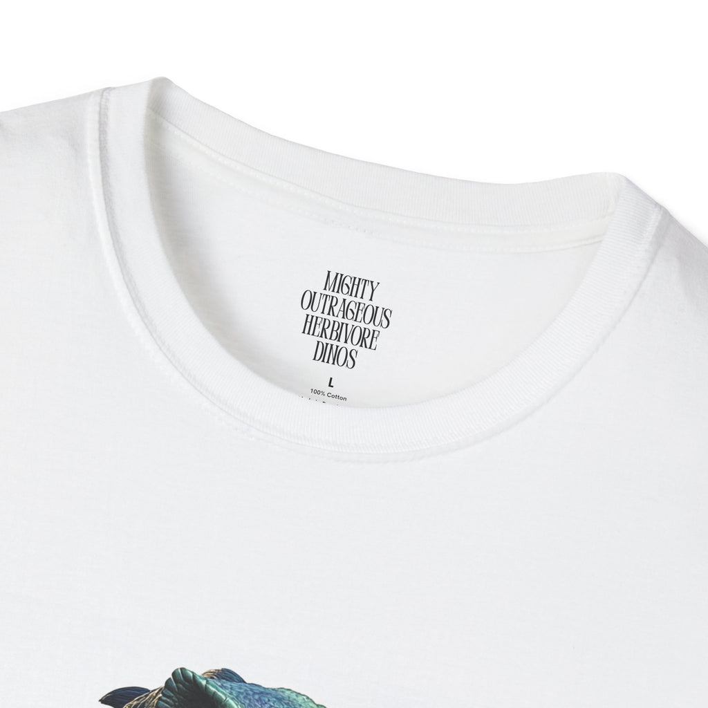 Crewneck T-Shirt. Dinosaur Playing Conga Drums. 2025 Band Tour Dates onm