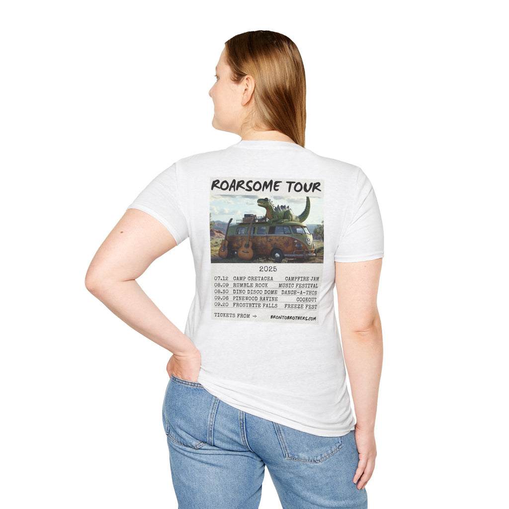 Crewneck T-Shirt. Dinosaur Playing Conga Drums. 2025 Band Tour Dates onm
