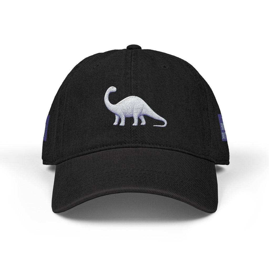 Brontosaurus Denim Hat Embroidery, Mighty Outrageous Herbivore, The Bronto Brothers, Dinosaur Ball Cap