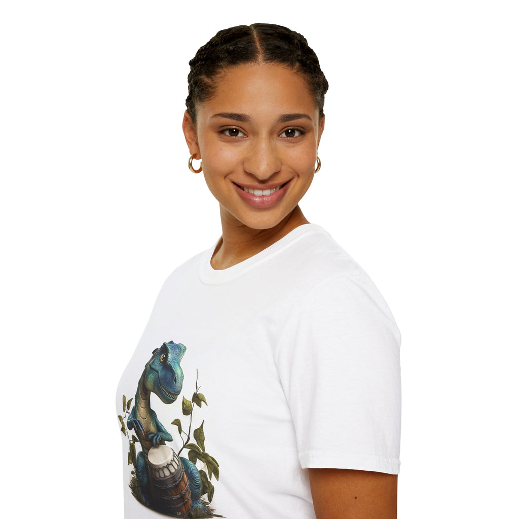 Crewneck T-Shirt. Dinosaur Playing Conga Drums. 2025 Band Tour Dates onm