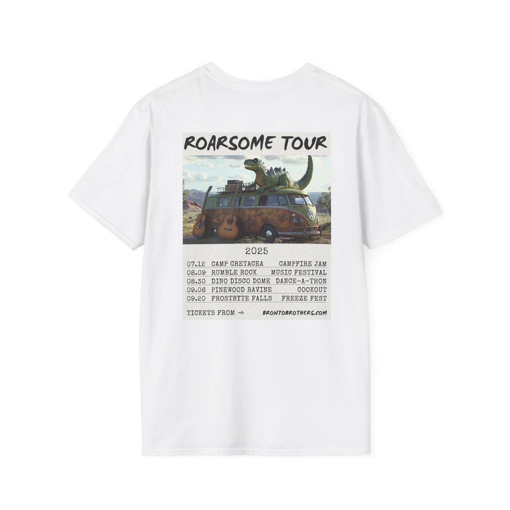 Crewneck T-Shirt. Dinosaur Playing Conga Drums. 2025 Band Tour Dates onm
