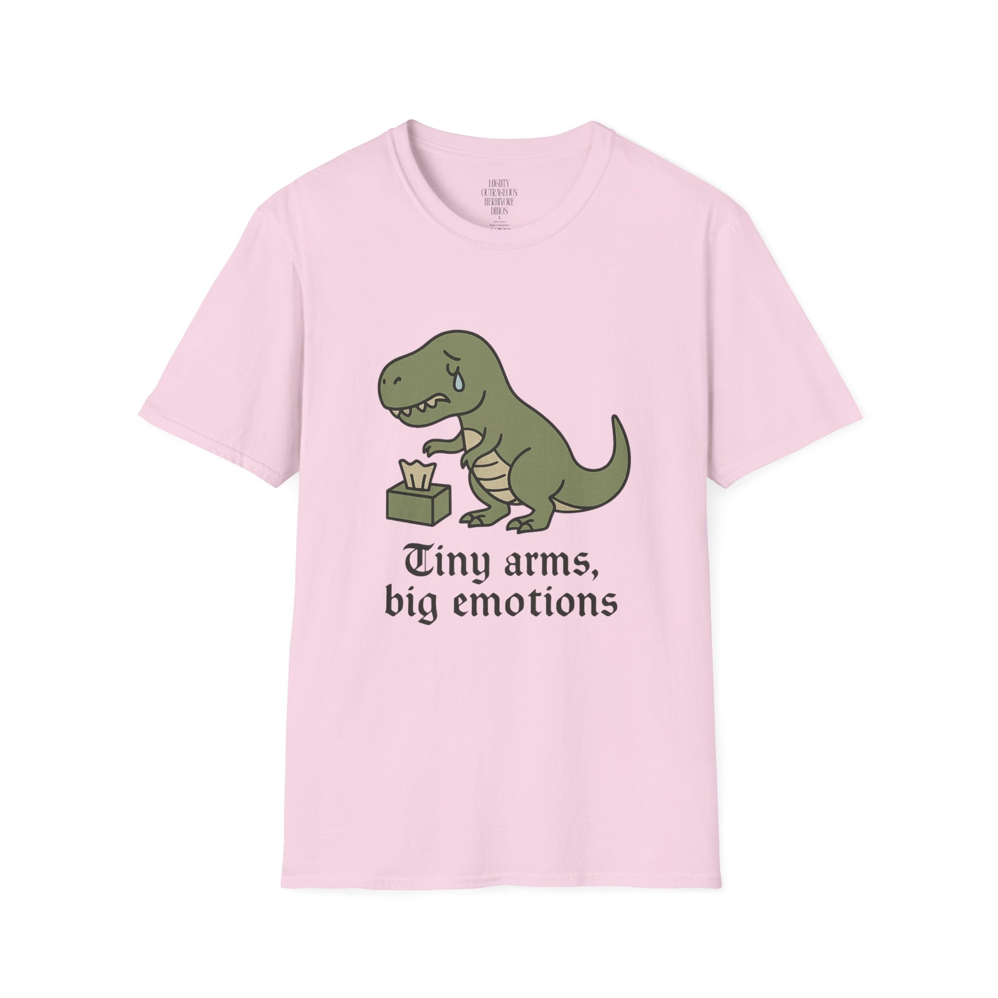 Funny Dinosaur T-Shirt, Cute Gift for Dino Lovers, Tiny Arms Big Emotions Tee, Unisex Softstyle Tee, Quirky Fashion, Humor Shirt