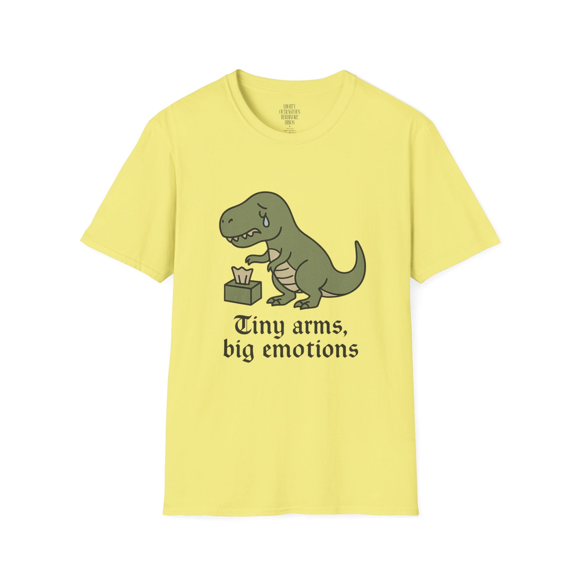 Funny Dinosaur T-Shirt, Cute Gift for Dino Lovers, Tiny Arms Big Emotions Tee, Unisex Softstyle Tee, Quirky Fashion, Humor Shirt