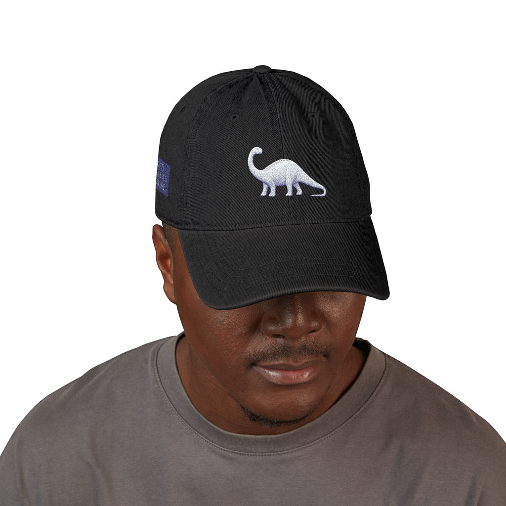 Brontosaurus Denim Hat Embroidery, Mighty Outrageous Herbivore, The Bronto Brothers, Dinosaur Ball Cap