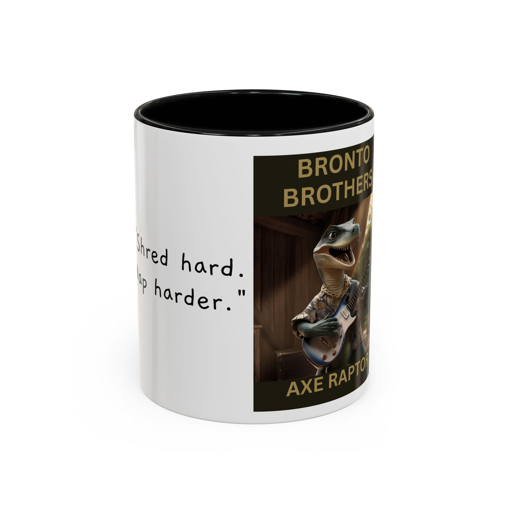 Axe Raptor Bronto Brothers Dinosaur Coffee Mug, Fun Dino Mug, Gifts for Musicians, Unique Coffee Lover's Mug, Funny Ceramic Cup