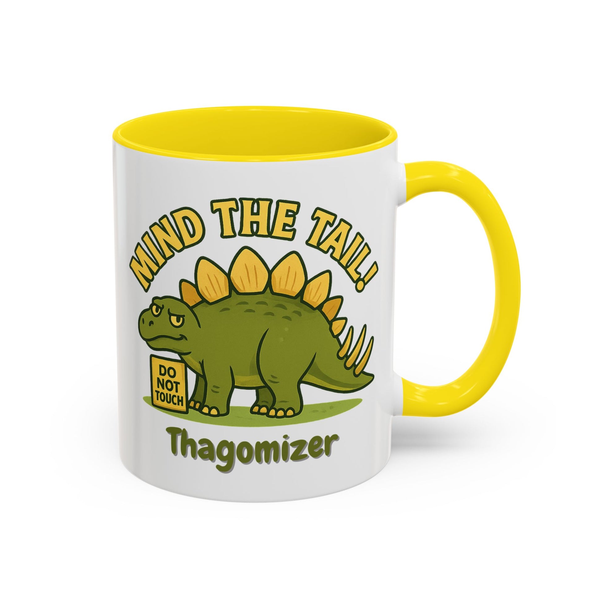 Thagomizer "Mind the Tail" Dinosaur Mug, Fun Gift for Dinosaur Lovers, Unique Office Cup, Birthday Present, Whimsical Tea or Coffee Mug