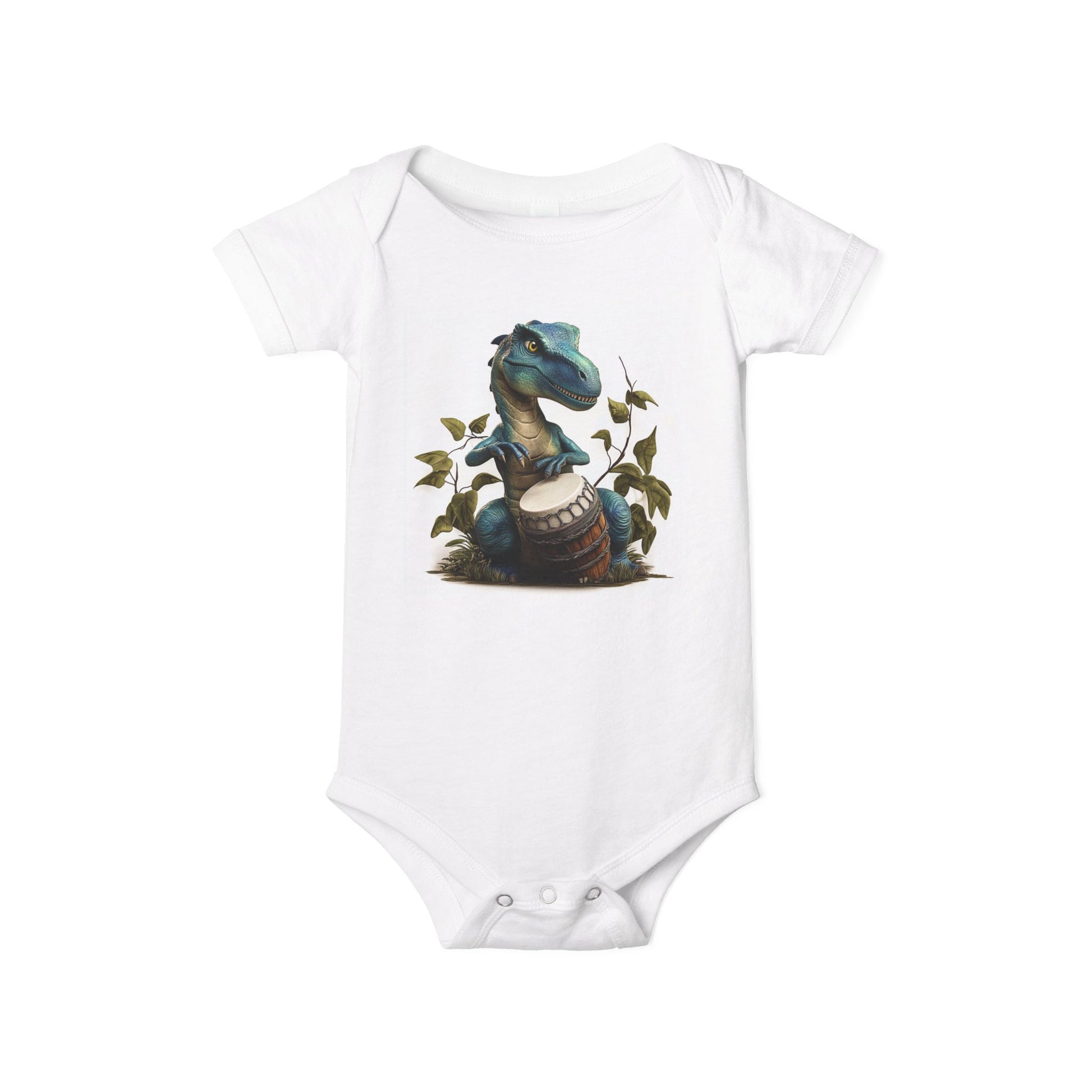 Dinosaur One-Piece featuring with Tommy Bluetail Playing Conga Drums.