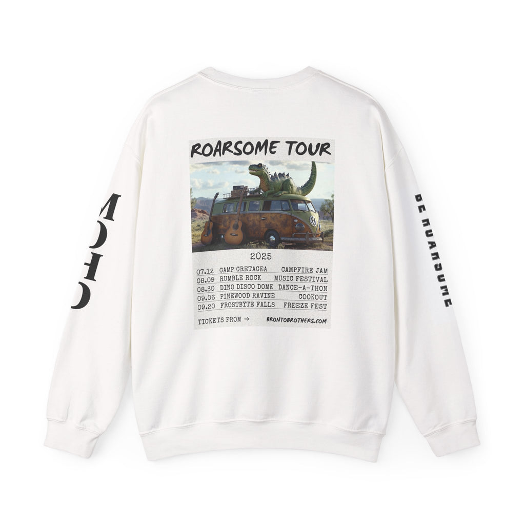 Cozy Sweatshirt of Groovy with The Brontos 2025 Band "Be Roarsome" Tour dates. Crewneck, Cotton.