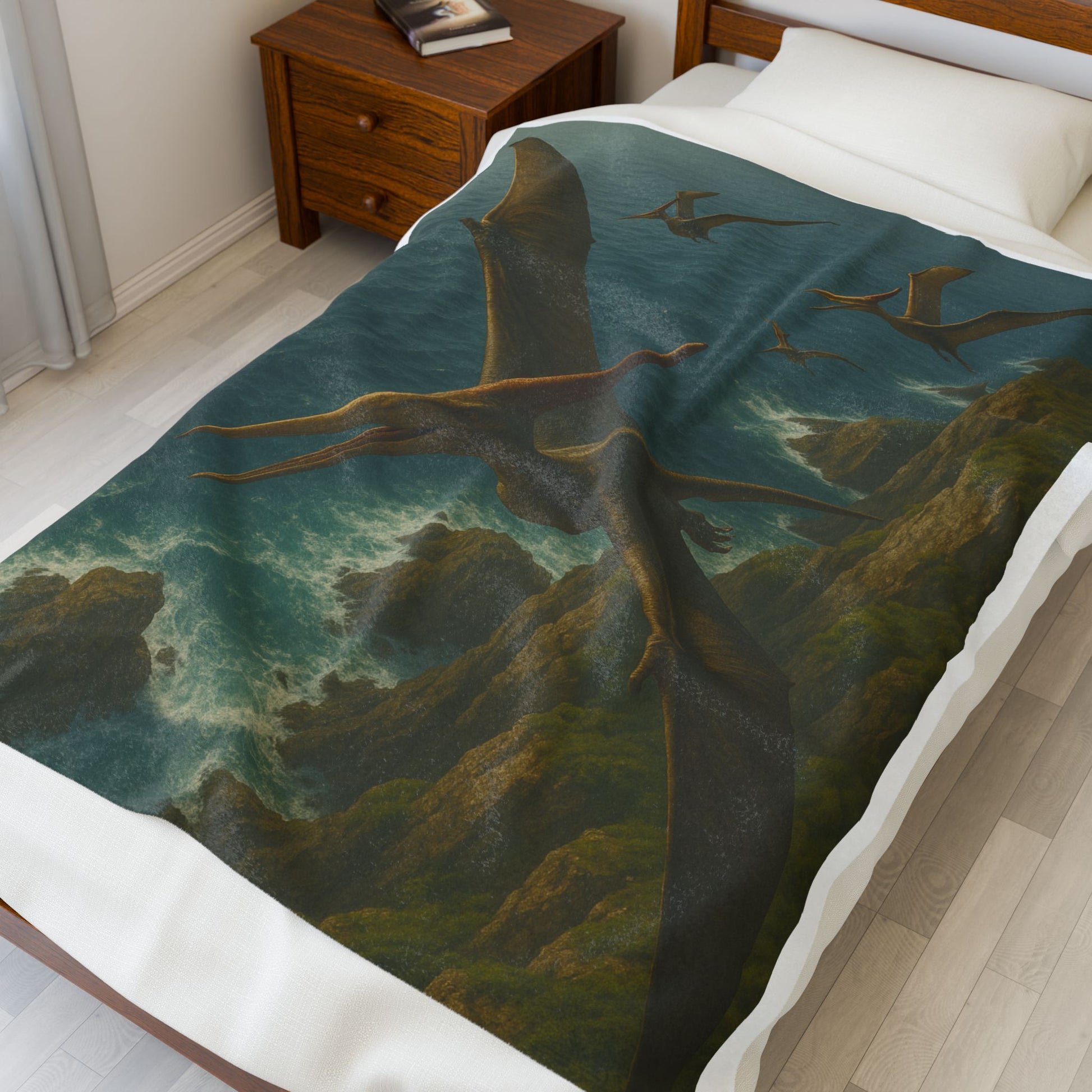 Dinosaurs in Flight Velveteen Plush Blanket, Cozy Dinosaur Throw, Soft Blanket for Kids, Pterosaur Decor, Gift for Dinosaur Lovers
