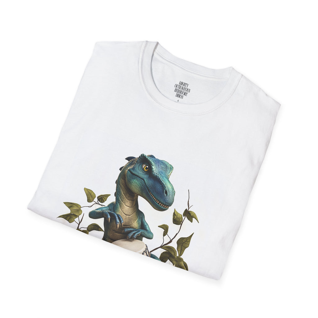 Crewneck T-Shirt. Dinosaur Playing Conga Drums. 2025 Band Tour Dates onm