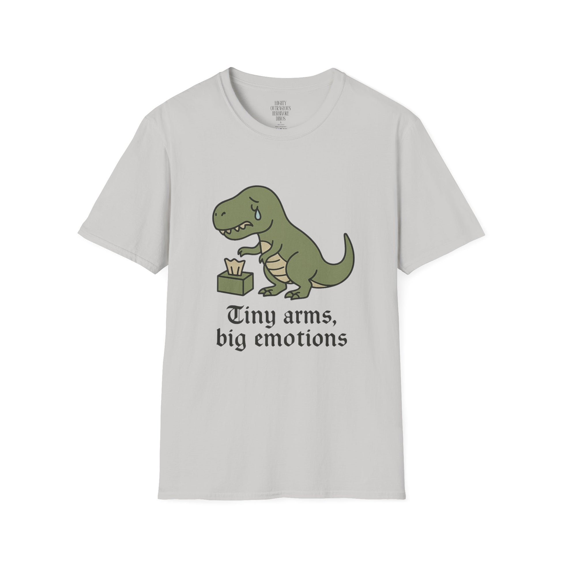 Funny Dinosaur T-Shirt, Cute Gift for Dino Lovers, Tiny Arms Big Emotions Tee, Unisex Softstyle Tee, Quirky Fashion, Humor Shirt