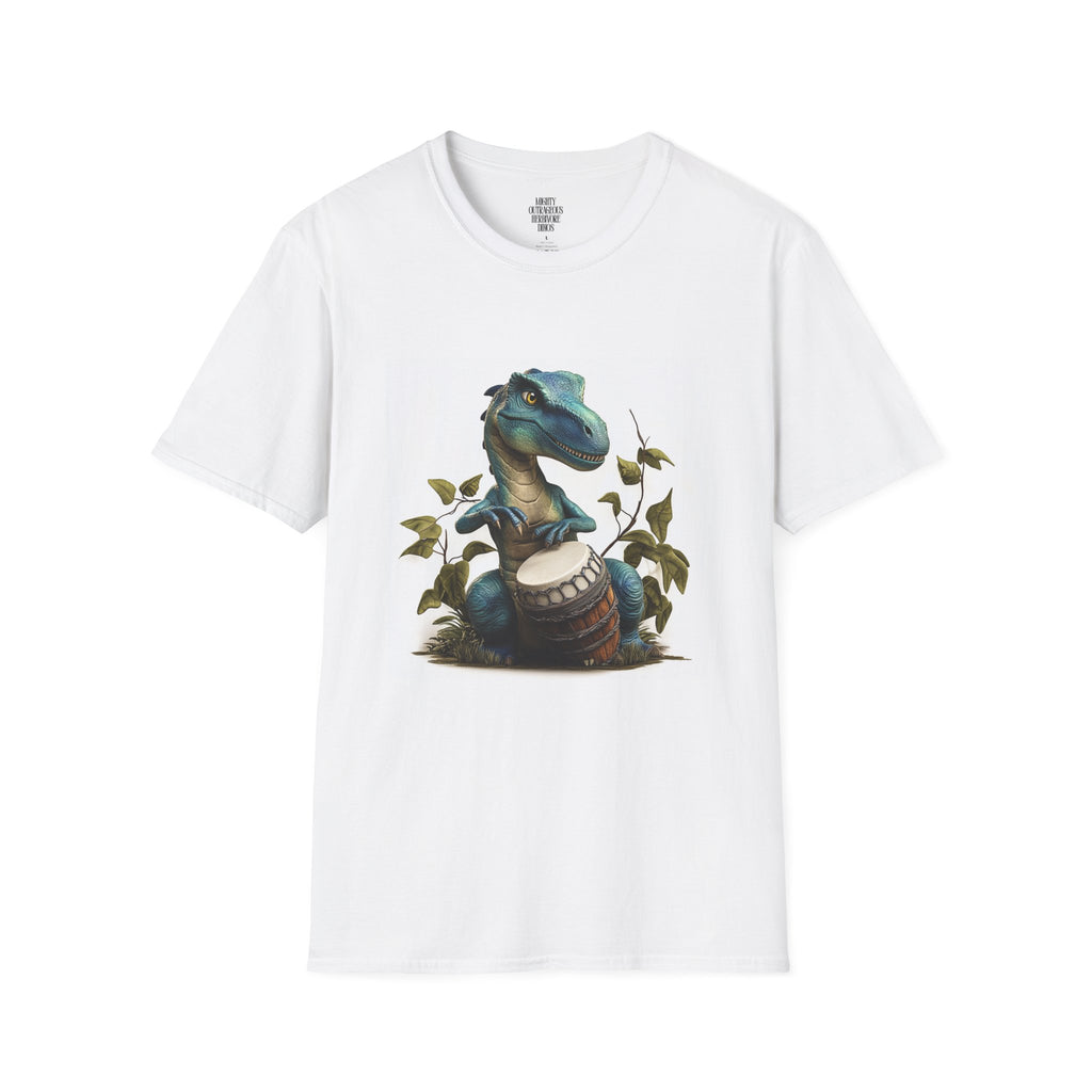 Crewneck T-Shirt. Dinosaur Playing Conga Drums. 2025 Band Tour Dates onm